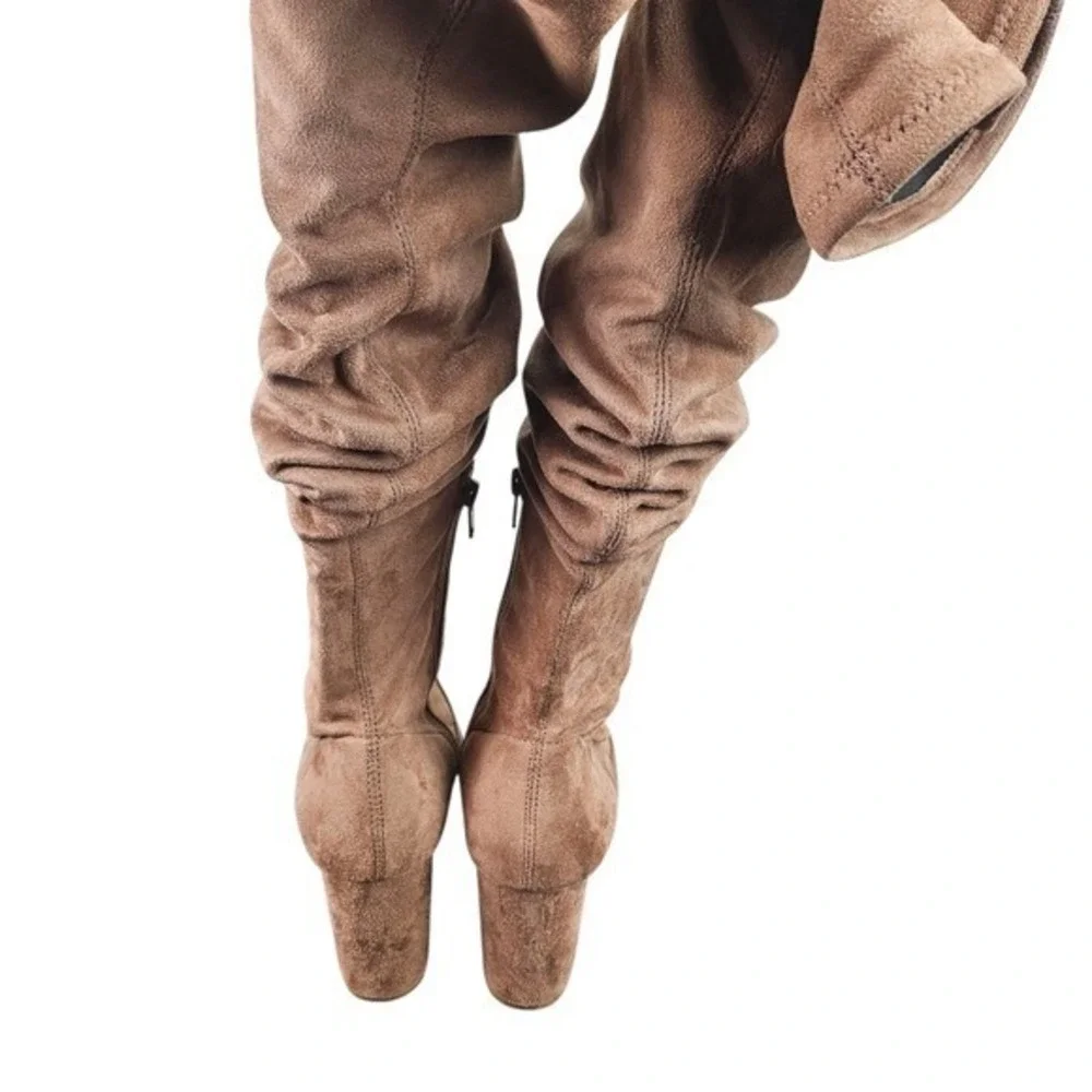 Steve‎ Madden Women's Tan Suede Ruched Block Heel Pointed Toe Boots Size 8.5M